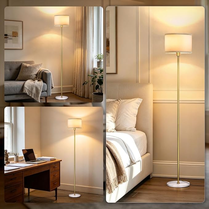 63" Gold Floor Lamp for Living Room, Standing Lamp with Marble Base | Tall Pole Light with White Linen Shade, Modern Floor Lamp for Bedroom Reading Office Corner Nursery, Bulb Included