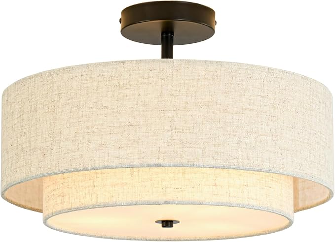 16" Semi Flush Mount Ceiling Light, 3-Light Drum Ceiling Light Fixture | 2-Tier Fabric Linen Shade Design, Farmhouse Chandelier for Dining Room, Living Room, Bedroom, Kitchen, Entryway, Black