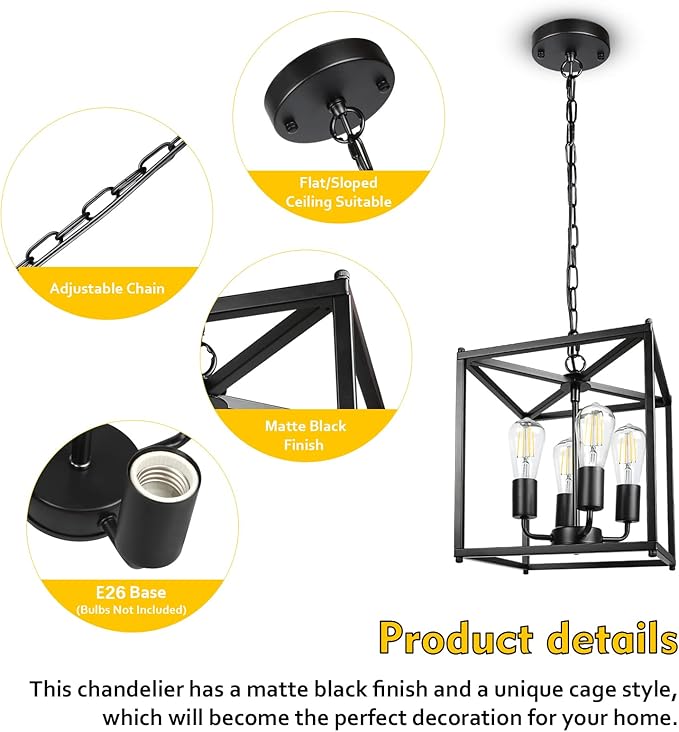 Unicozin 4-Light Black Farmhouse Chandelier, Iron Lantern Pendant Light Rustic Cage Adjustable Height, E26 Base Industrial Hanging Lights for Kitchen Island Dining Room Hallway Foyer Entryway
