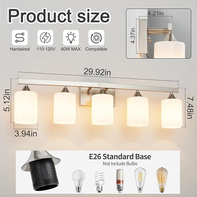 ZHU YAN Modern Vanity Light Over Mirror, 5-Light Brushed Nickel Bathroom Lighting Fixtures, White Frosted Glass Shades,Bathroom Lights for Mirror Living Room Bedroom E26 Socket