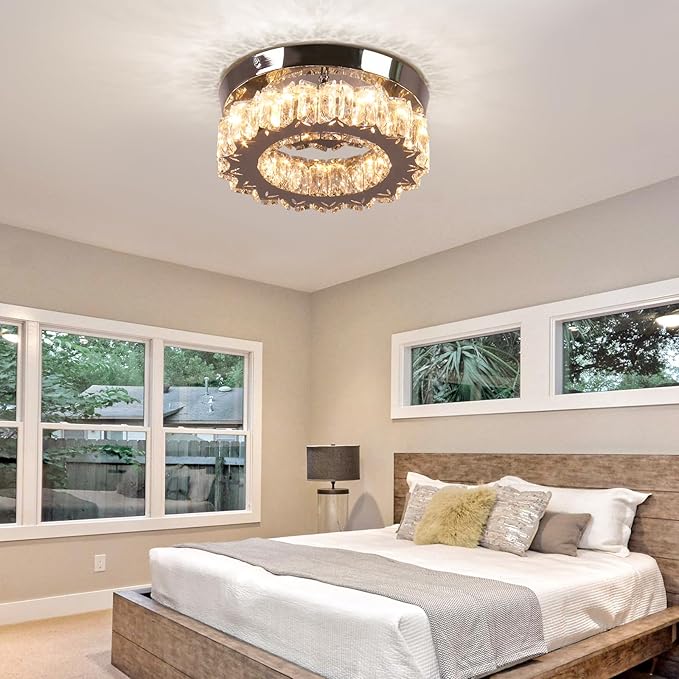 Dimmable LED Ceiling Light with Remote Flush Mount Mini Round LED Crystal Chandeliers Modern Flush Mount Ceiling Light Fixture Hallway Light Bedroom Bathroom Kitchen Office