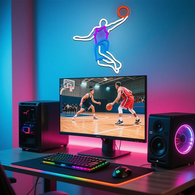 Basketball Neon Sign for Wall Decor Dimmable Neon Basketball Led Light for Bedroom Play Room Man Cave Sports Fan Gifts