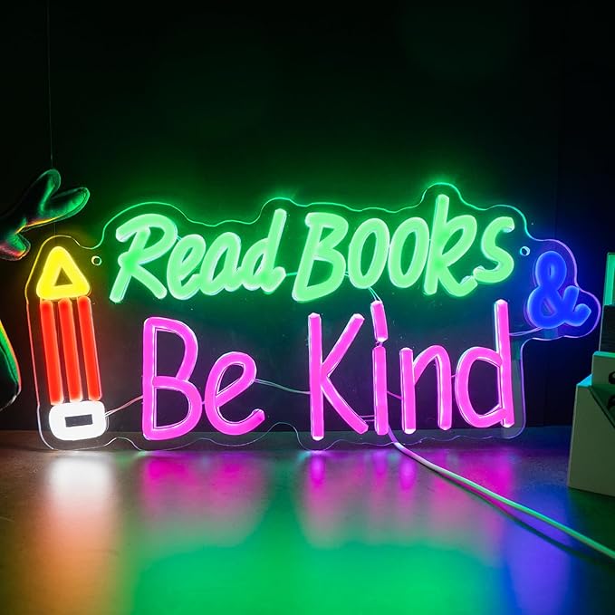 Read Books and Be Kind Neon Sign, Adjustable Pencil Neon Light Student LED Neon Light, Colorful Neon Light Up Sign for Classroom Bookstore Library Study Room 15.35 x 7.09 inch