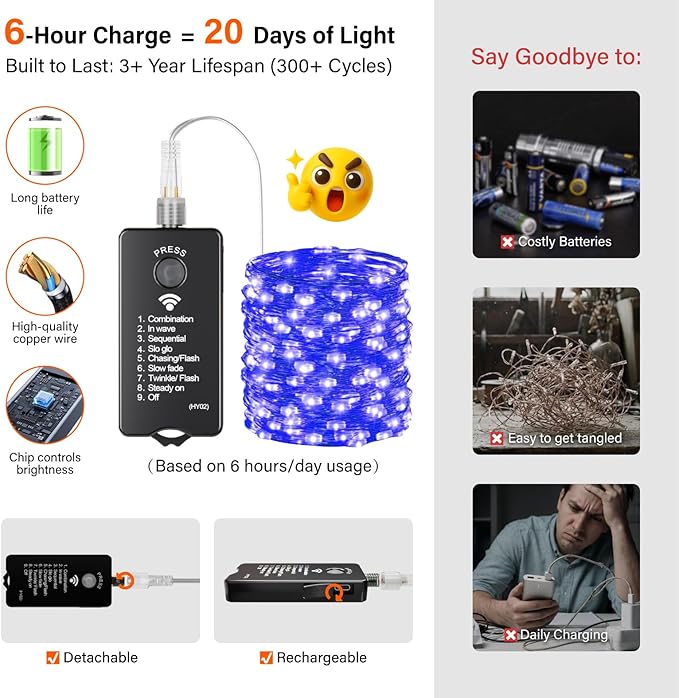 ZSJWL Rechargeable Fairy Lights with Remote，66ft 200 LED Outdoor Battery String Lights with DIY Timer & Light Sensor, Waterproof Dimmable Twinkle Light for Tree Christmas Indoor, Blue