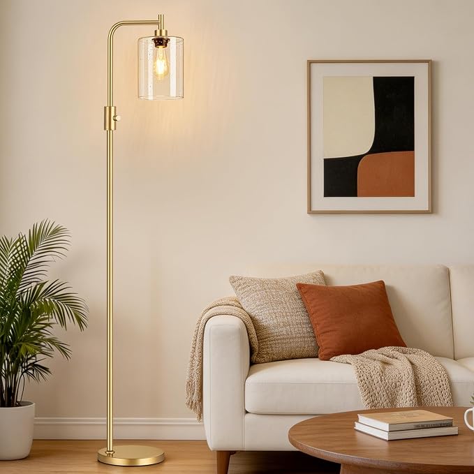 【Upgraded】 Dimmable Floor Lamp for Living Room with Seeded Glass Lampshade, Gold Modern Glass Floor Lamp with 900LM LED Bulb Included, Arc Standing Tall Lamp for Bedroom, Office, Reading Room, Corner