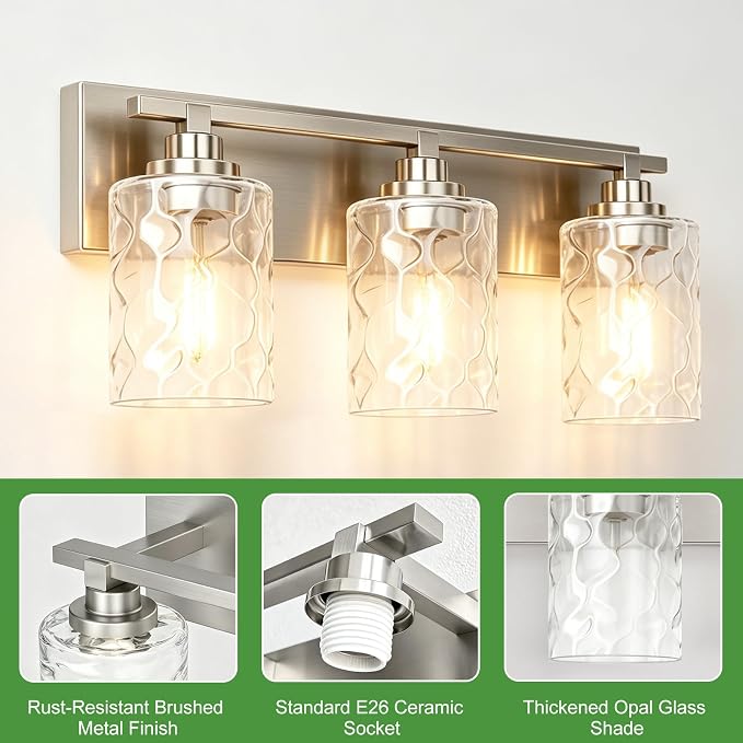 Modern Bathroom Lighting Fixtures Over Mirror, Vanity Lights for Bathroom, Wall Sconces with Clear Glass Shades, E26 Ceramic Socket, 3-Light 19.7-inch Brushed Nickel