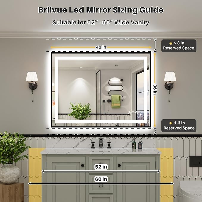 48x36 Inch LED Bathroom Mirror with Black Frame, Backlit & Front Lit | Anti-fog, 3 Color Dimmable, Memory Function, HD Reflection Tempered Glass, ETL Listed, IP54 Waterproof