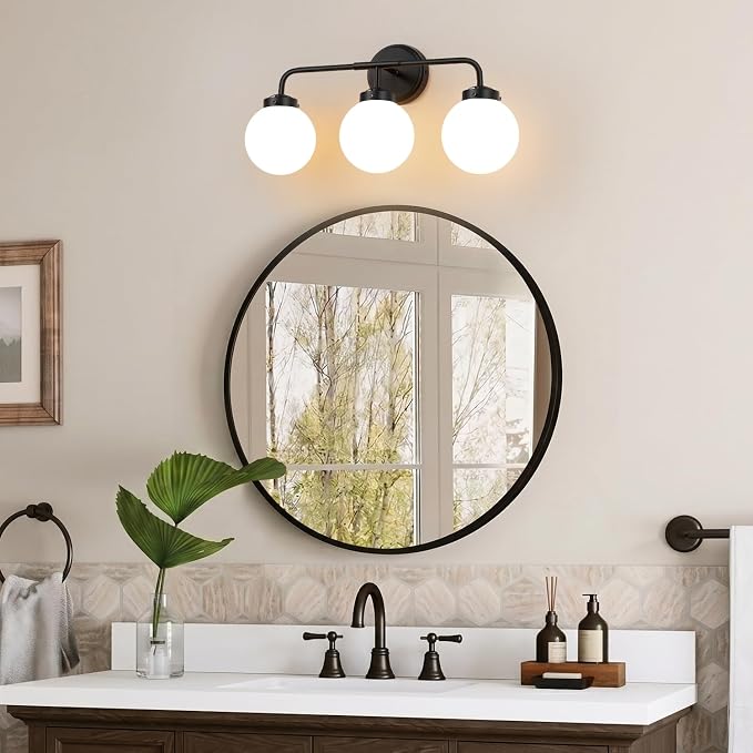 Modern Matte Black Bathroom Light Fixtures, 3-Light Vanity Lights Wall Sconce with Globe Milky White Glass Shade Over Mirror for Bathroom Hallway Living Room Bedroom