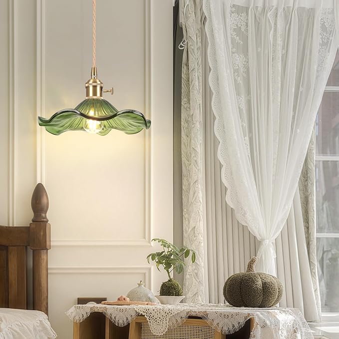 Glass Pendant Light Vintage Light Fixtures,Green Modern Chandelier Pendant,E26 8.8" Adjustable Hanging Light,Pendant Lights Kitchen Island for Entryway Dining Room 1 Light