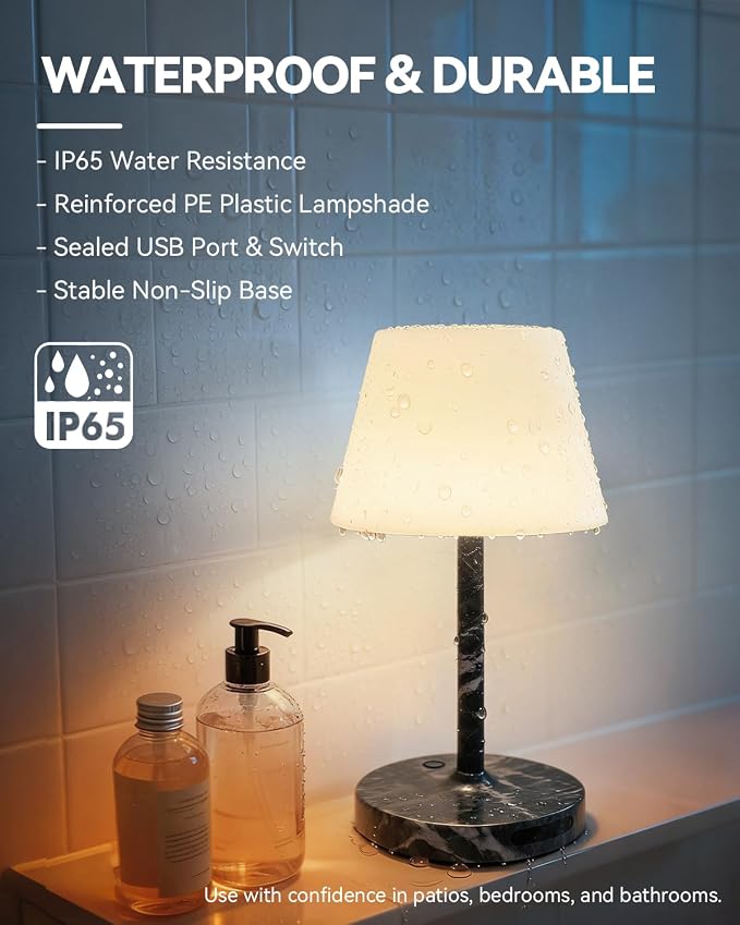 SAIWEYA Outdoor Waterproof Shower Lamp, 5200mAh Rechargeable Bathroom Lamp | IP65 Cordless Shower Light, Touch Dimming, Long-Lasting Battery, Versatile for Patio, Camping, Bathroom, Restaurant & Kitchen