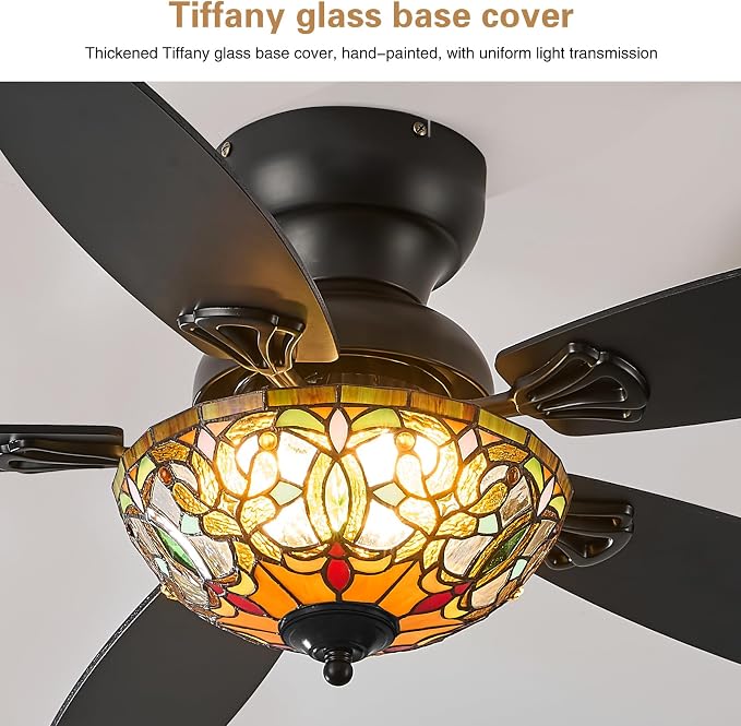 Tiffany Ceiling Fans with Lights-48"Ceiling Fan Chandelier and Glass Shade | 48" Ceiling Fan Chandelier with 5 Dual-Blades and Glass Shade, 6 Speeds and Reversible, Indoor and Outdoor, Retro Style