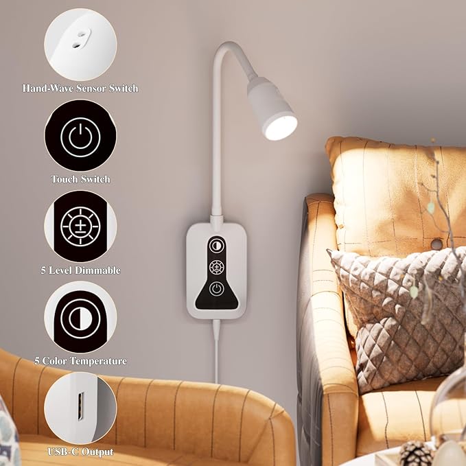 Wall Mounted Reading Light, Wall Light with Motion Sensor Switch, 5 Dimmable & Color Temperature Adjustable, USB-C Output, Flexible Neck Book Light for Bed, Sofa, Desk,Dorms, Heaboard