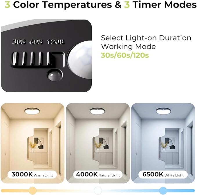 hepside 4 Pack Motion Sensor Ceiling Light Wired, 3000K/4000K/6500K LED Flush Mount Ceiling Light Fixture, 8.7Inch 18W Motion Sensor Light with Timer for Closet Stair Porch Hallway Pantry,Black