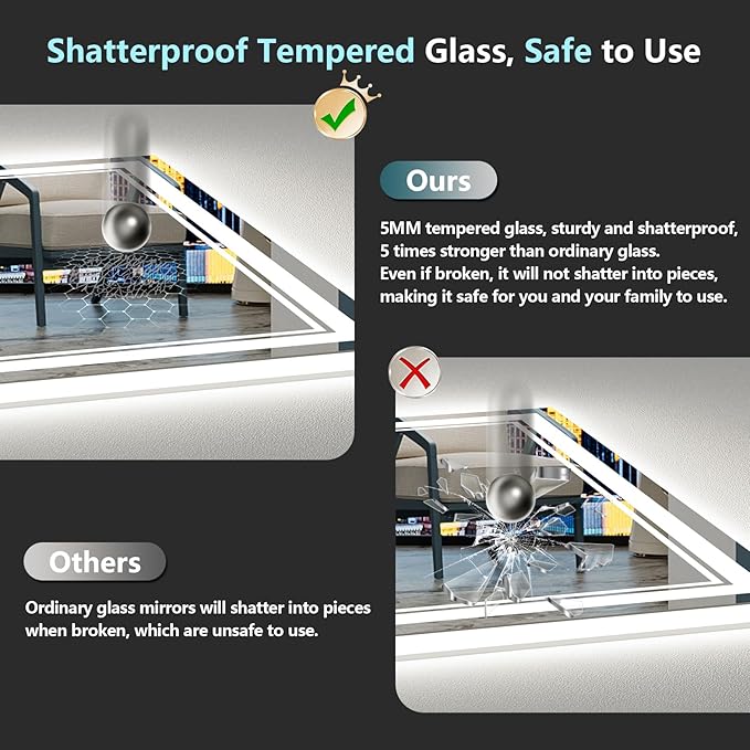 40x32 LED Bathroom Mirror, Backlit & Front Lit Lighted Mirror | Anti-Fog Vanity Mirror with Lights, 3 Color Dimmable, Memory, HD Tempered Glass, CRI95, IP54, UL Listed, Horizontal/Vertical