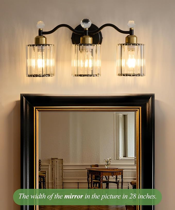 Black&Gold Bathroom Vanity Light Fixtures Over Mirror,3-Light Crystal Bathroom Light Fixtures,Vanity Light Fixtures Over Mirror,Wall Sconce with Clear Crystal Glass Shade, Kitchen, Living Room