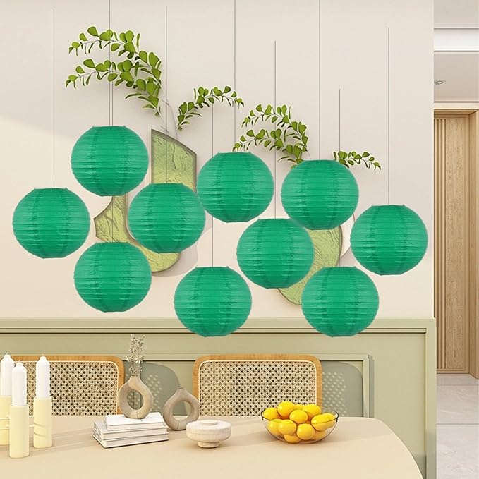 Chinese Paper Lanterns - Pack of 10, 10-Inch Pine Green Hanging Lights for Birthday Party Decorations, Ceiling Decor, Rainbow Classroom, Wedding, and Home Party