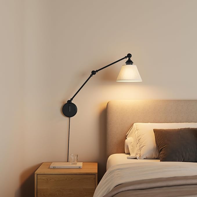 Plug in Wall Sconce, Black Adjustable Swing Arm Wall Lamp, 1 Pack | Fabric Lampshade, Plug-in or Hardwired, E26 Base, 6.6FT Plug-in Cord, Knob Switch, Living room, bedroom, study room, office