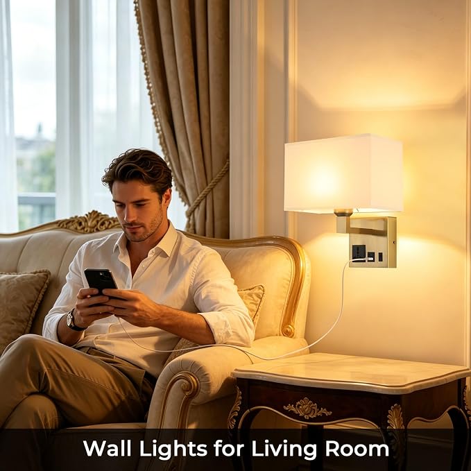 Plug in Wall Sconces, Wall Lamp with Brass Base Square lampshade | Wall Lamps for Bedroom Bulb Included, Wall Mounted Lamp with 3 Color Temperature, Bedside Lamps with USB Ports and AC Outlet