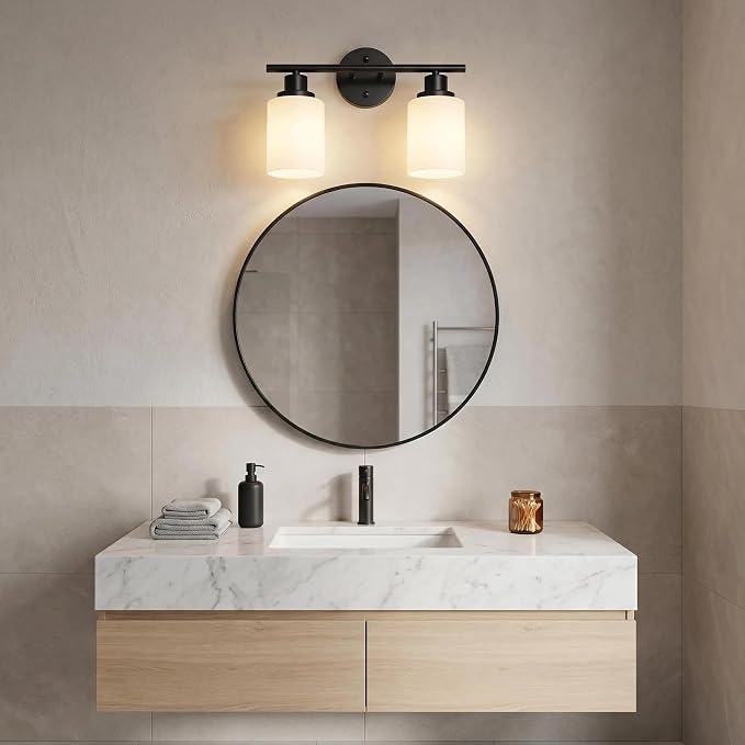 2 Light Bathroom Light Fixtures, Modern Vanity Lights with Milky Glass Shade, Black Wall Lamp Over Mirror for Bathroom, Living Room, Cabinet, Bedroom, E26 Base