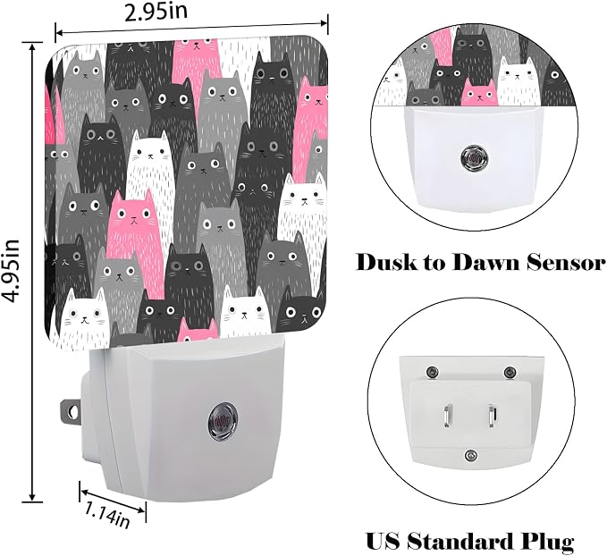 Gray Cartoon Cat Night Light,Plug-in Night Lights with Dusk-to-Dawn Sensor for Stairway,Hallway,Bedroom Sleep Friendly Ideal for Women/Girls/Boys Gift,0.5w
