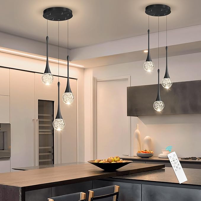cenzoz 3-Lights Modern Pendant Lights for Kitchen Island LED Dimmable Crystal Glam Ceiling Pendant Lighting Chandelier for Dining Room Hallway Bedroom Corner Lamp Black