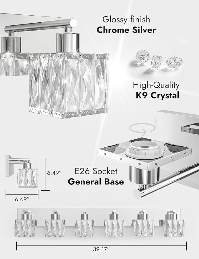 VOLISUN Chrome Bathroom Light Fixtures, Modern Stainless Steel Bathroom Lighting Fixtures Over Mirror, 6 Light Bathrooms Vanity Light, Crystal Vanity Light for Bathrooms-UL Certificated(Exclude Bulb)