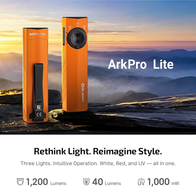 OLIGHT ArkPro Lite EDC Pocket Flashlight Rechargeable with UV Light, Orange | Red Light, White LED, 1200 Lumens, USB-C, Magnetic, Portable Flat Flashlight for Pet Urine Detection, Camping, Emergency Work