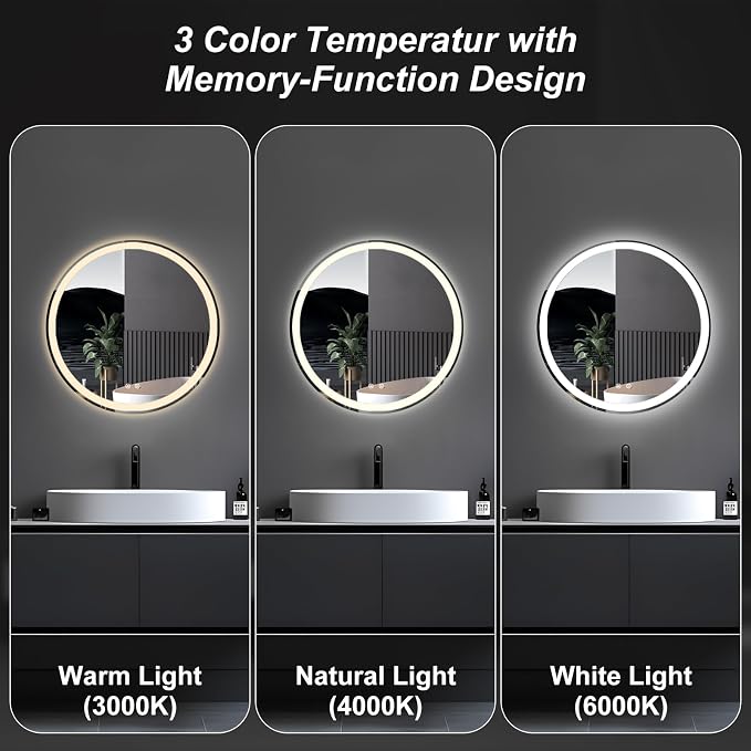 DUMOS 24 Inch Round LED Bathroom Mirror with Lights, Circle Vanity Mirror | Anti-Fog, Dimmable, 3-Color Light, Front Light and Backlit, Memory Function, Tempered Glass