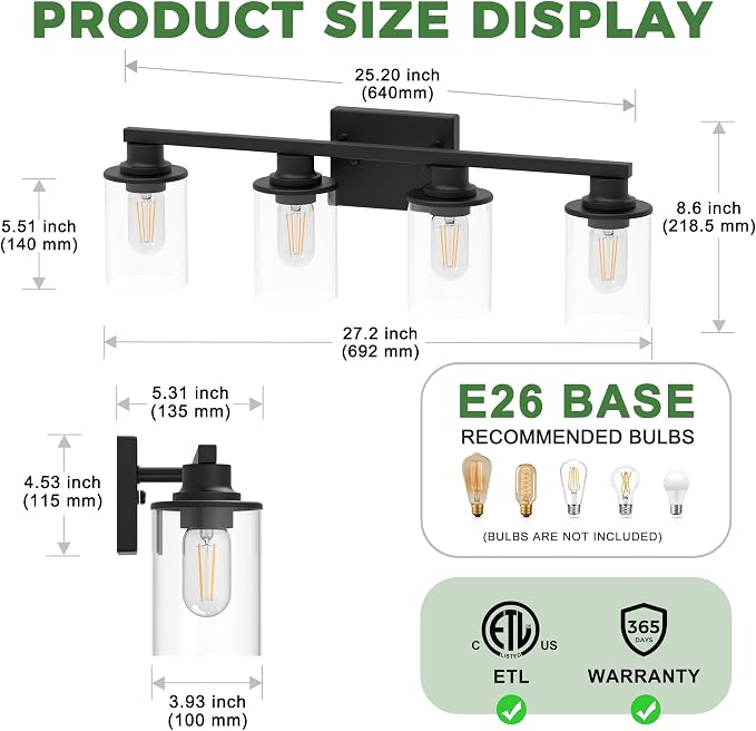 4-Light Black Bathroom Light Fixture Over Mirror ETL Listed | Modern Vanity Lights With Clear Glass Shade, Bathroom Wall Light, Wall Sconce for Hallway Bedroom Living Room, ETL Listed
