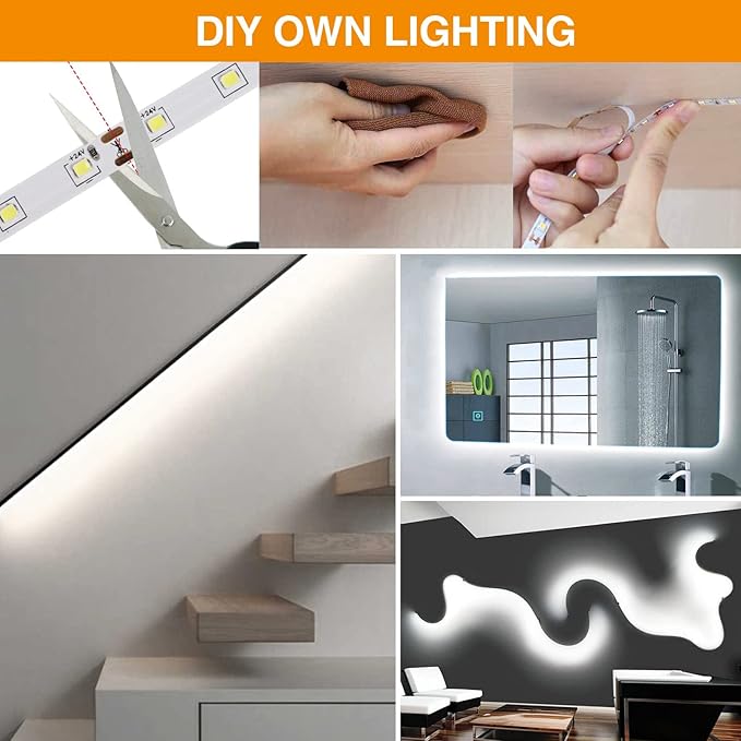 CT CAPETRONIX White LED Strip Light, 49.2 Feet 24 Volt LED Light Strip White, 6000K Daylight Super Bright LED Tape Light for Bedroom, Kitchen, Closet, Cabinet, Mirror, Indoor(Dimmer Included)