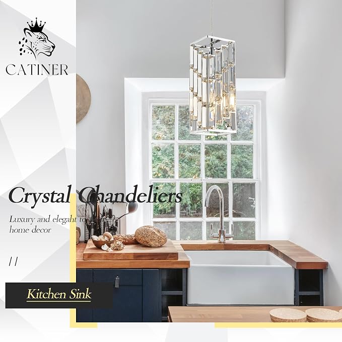 CATINER Chrome Crystal Pendant Light, Mini Hanging Light, E26 | Chrome crystal pendant light with adjustable 70.8" cord, E26 base, dimmable, ideal for kitchen island lighting