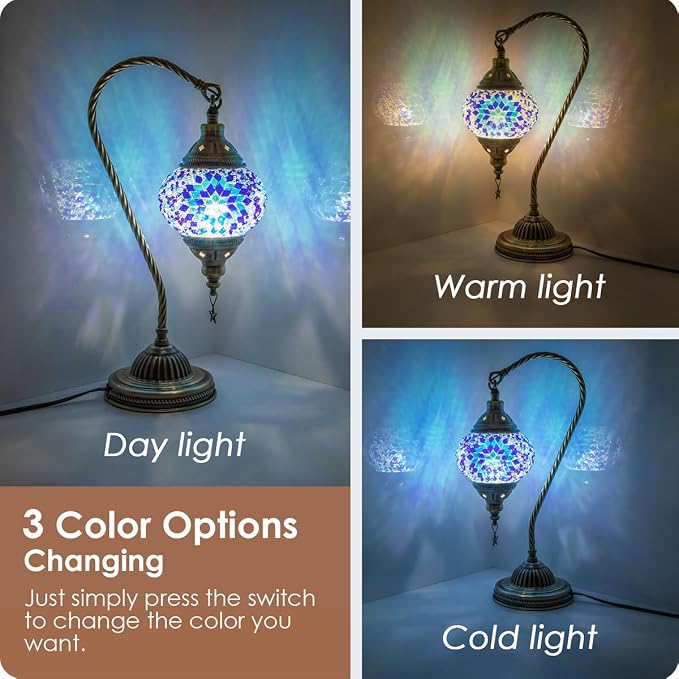 Yarra-Decor Turkish Moroccan Lamp with Bronze Base 3 Color Options Handmade Swan Neck Mosaic Glass Bedside Lamps for Bedroom (LED Bulb Included)(Blue2)