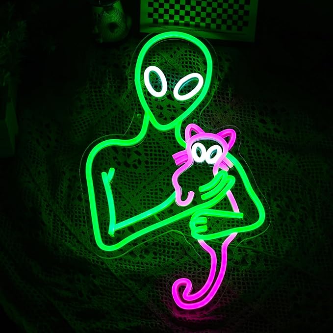 Aliens Cat Neon Sign Funny Green Aliens Pink Cat Led Light Up Sign For Wall Decor Dimmable USB Powered Neon Light For Art Wall Decorations Game Room Party Kids Birthday Gifts