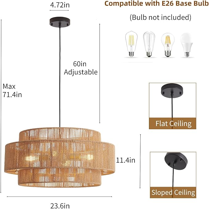 3-Tier Large Rattan Chandeliers, 23.6in Boho Coastal Pendant Lights, Hand Woven Hemp Rope Lighting Fixture, Wicker Hanging Ceiling Light for Living Room, Dining Room, Bedroom, Kitchen Island