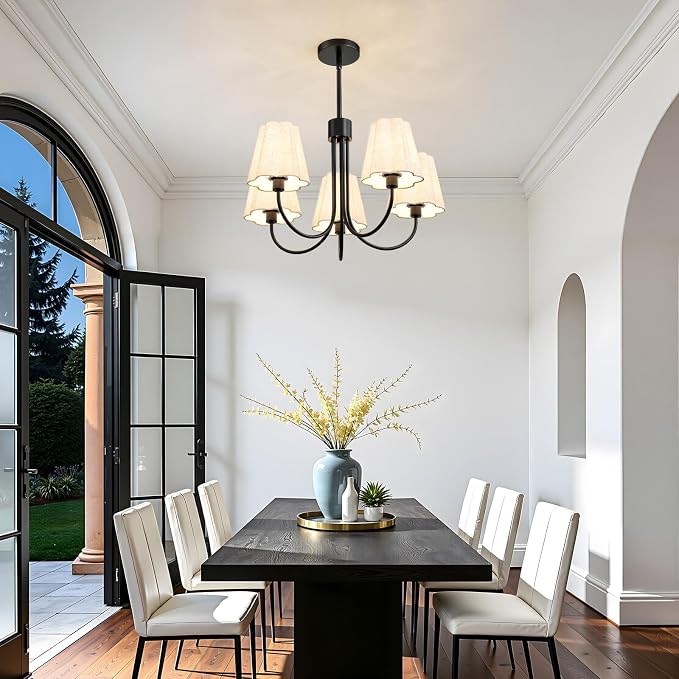 RUIYEY Modern Dining Room Chandelier - 23" 5-Light Gold Farmhouse Chandeliers with White Fabric Shades, Adjustable Hanging Dining Room Light Fixture, E12 Hardwired Ceiling Light for Kitchen Island