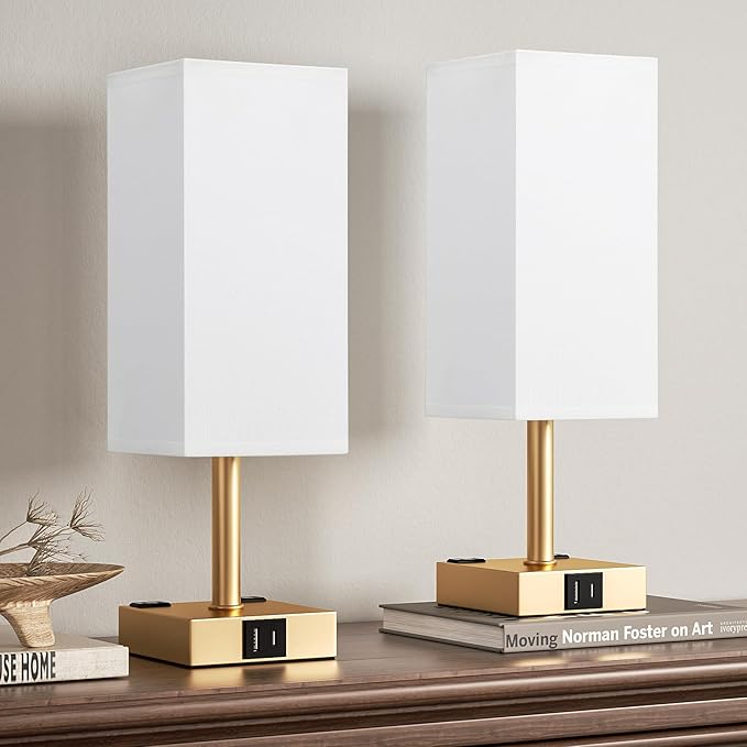 aooshine Gold Base Touch Lamps Set of 2 - Nightstand Lamp with USB-C + A Charge Ports & AC Outlets, 3-Way Dimmable Bedside Lamp, Small Table Lamp Light for Bedroom (Bulb Included)