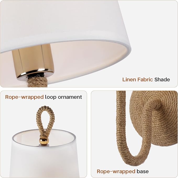 Natural Rattan Wall Sconce Set of 2: Boho Coastal Rope Woven Lamps with Linen Fabric Shades for Living Room, Bedroom, Bedside, Vanity and Hallway