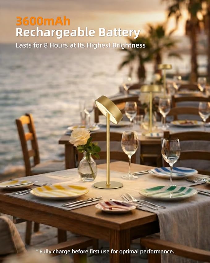 EZVALO Cordless Lamp, Rechargeable Table Lamp, Battery Operated | Portable Outdoor Waterproof, 3 Color Temps RGB, Dimmable Touch Control, LED Memory Function, Restaurant Dining Patio Gold 1Pc
