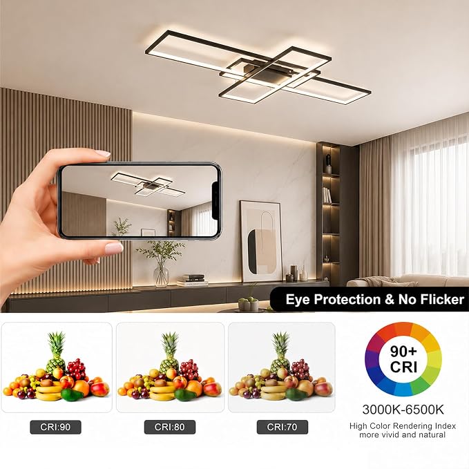 GEADI 60.2" Extra Large Modern LED Ceiling Light, Dimmable Chandelier | 112W Black Geometric Flush Mount Ceiling Lamp with Remote, 3000K-6500K Dimming, Memory, Chandelier for Living Room