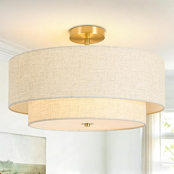 19.7" Semi Flush Mount Ceiling Light, 4-Light Drum Ceiling Light Fixture | 2-Tier Fabric Linen Shade Design, Modern Classic Style, for Dining Room, Living Room, Bedroom, Hallway, Entryway, Brass Gold