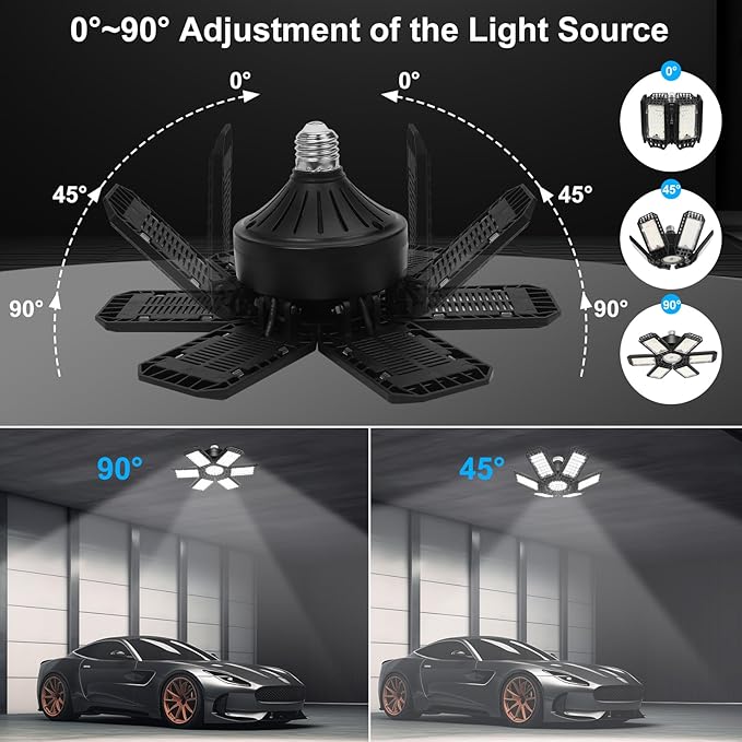 2 Pack Garage Lights, 28000LM Super Bright LED Shop Lights with 6+1 Deformable Panels, 6500K Garage Light Ceiling Led, E26/E27 Socket Screw in Bulb for Warehouse, Workshop, Basement, Attic