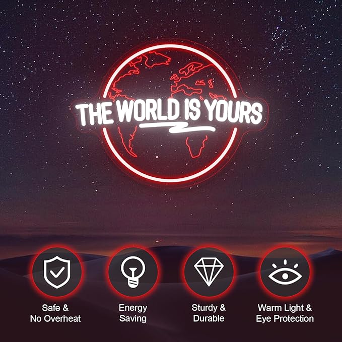 The World Is Yours Neon Sign Carved Planet Adjustable Brightness USB Powered LED Neon Signs for Wall Decor Light Up Signs for Bedroom Classroom Office Man Cave Game Room 41cm*31cm