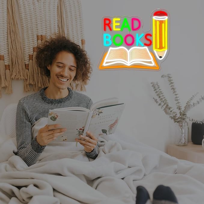 Read Books Neon Sign Printed Pencil and Book Neon Light for Wall Decor | USB Dimmable Read LED Neon Signs for Classroom Reading Room Bookstore Library Bedroom Study Room Bookish Decoration for Teens