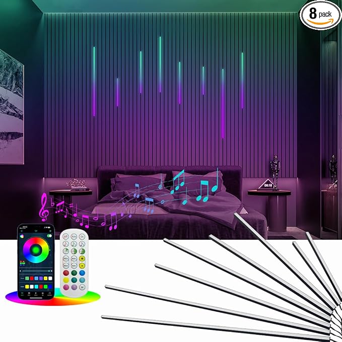 HAMRVL RGB+IC Smart Recessed Lighting Wall Panel Lights, 8PCS Slat Wall Lights for Acoustic Panels, APP & Remote Control, Music Sync, Chasing Effect, Timer, LED Light Wall Panels for Wood Wall Panels