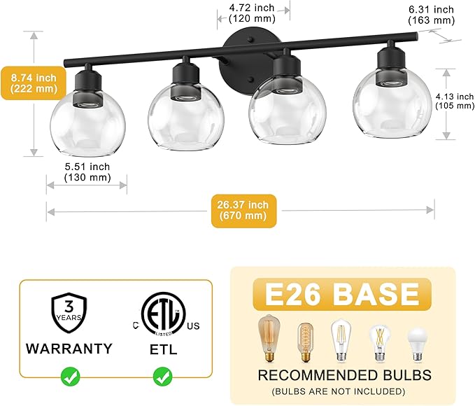 L LOHAS LED Black Bathroom Light Fixtures Over Mirror, 4-Light Vanity Light Fixtures with Clear Globe Glass Shades, Modern Vanity Lights for Bathroom Living Room Hallway Bedroom