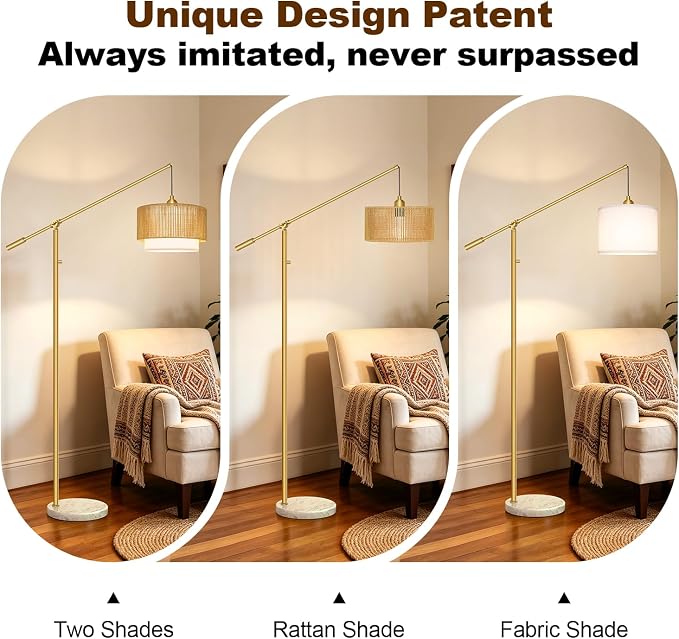 【Upgraded】Arc Floor Lamp for Living Room, Boho Dimmable Swing Arm Floor Lamp with Rattan & Fabric Shades, Gold Rattan Standing Lamp with Marble Base, Farmhouse Adjustable Tall Lamp for Bedroom Office