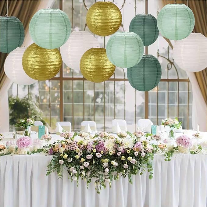 Sage Green Gold White Forest Green Paper Lanterns 12Pcs Hanging Round Paper Lanterns Decorative for Graduation Baby Shower Wedding Birthday Family Parties ﻿