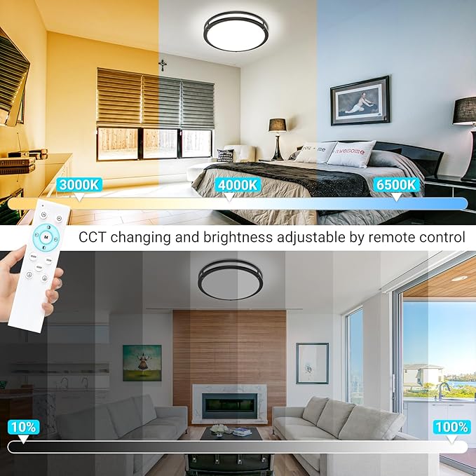 libtit 2Pack 13 Inch LED Ceiling Lights with Remote for Bedroom Kitchen, 24W 2400lm Super Bright & Dimmable Flush Mount Light Fixtures, 2700K-6500K Adjustable Modern Lamps with Timer, Black
