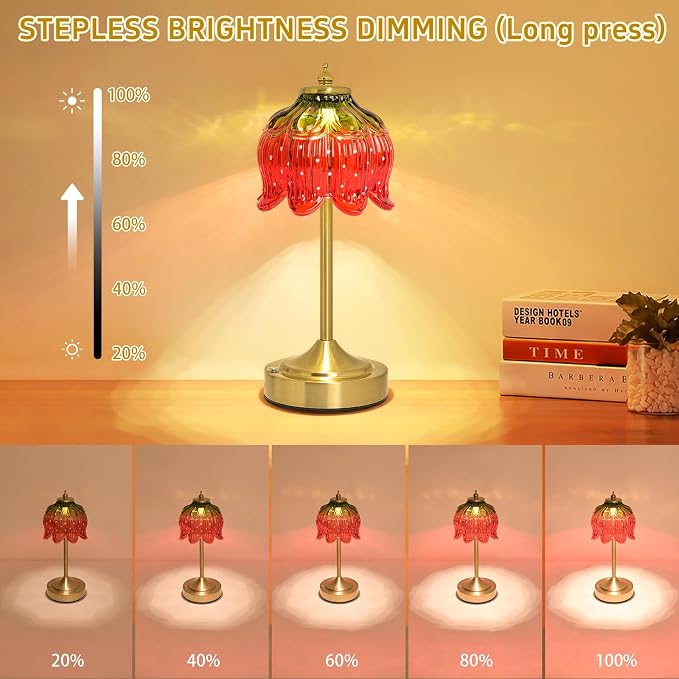 Cordless Table Lamp, Rechargeable Strawberry Glass Flower Lamp | 5200mAh touch lamp with 3 color modes and stepless dimming, battery operated lamp for nightstands and kitchen counters
