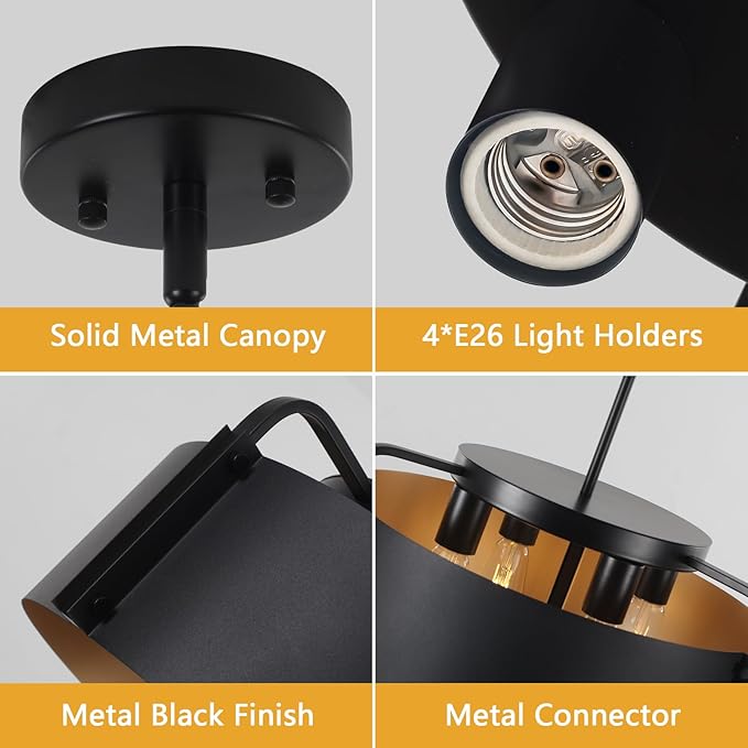 Chandeliers for Dining Room, Matte Black Industrial Drum Chandeliers 18" Large 4-Light Farmhouse Chandelier for Foyer Entryway Kitchen Hallway Bedroom, E26 Base(Not Included Bulb)